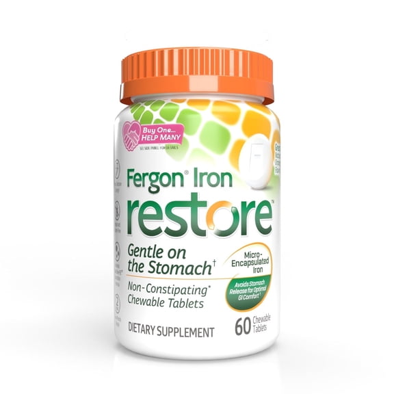Fergon Iron Restore Chewable Tablets - Gentle on Stomach, 27mg Iron – 60ct