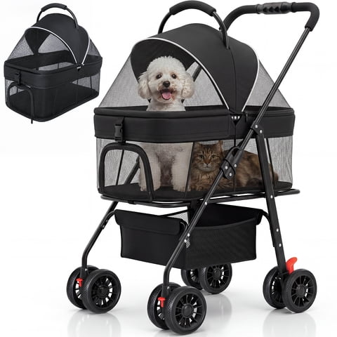 Ferhtm Carriola para Perros Pequeños a Medianos, Carriola Panorámica Plegable de Malla para Mascotas con Transportador Desmontable y Correa de Seguridad, Carriola para Cachorro y Gato de hasta 35 Lb, Negro
