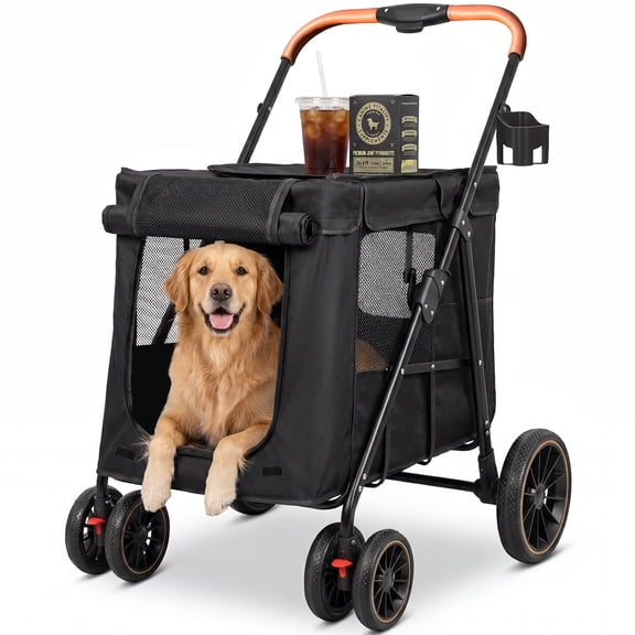 Ferhtm Heavy Duty Dog Stroller for Large & Medium Dogs, Foldable Pet Stroller with Dual Carbon Steel Support Bars & All-Terrain Wheels, Double Pet Wagon for Multiple Pets up to 80 lbs