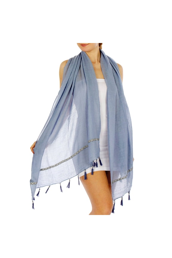 Women's Lightweight Aztec Insert Trim Tasseled Scarf Shawl Wrap Cover-Up-Blue