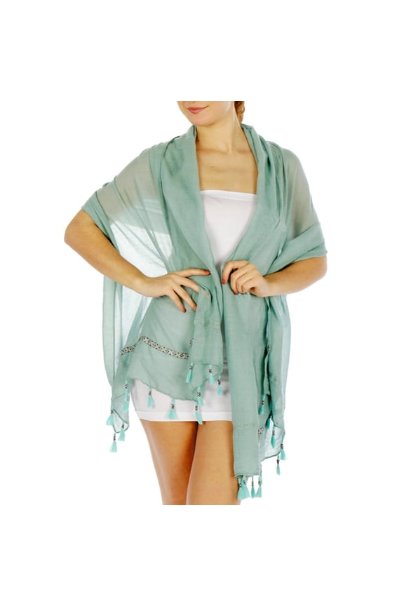 Women's Lightweight  Aztec Insert Trim Tasseled Scarf Shawl Wrap Cover-Up-Green