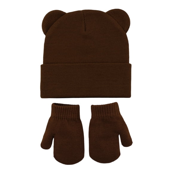 Ferjadq 2 PC Baby Bear Ear Rib Knit Hat Gloves Set Infant Beanie Mitten Glove Soft Warm Winter Coffee,6-36 Months