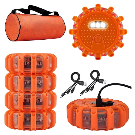 Ferjadq 6 Pack Rechargeable LED Road Flares Emergency Roadside Lights Safety Flashing Warning Beacons Disc Warning Flare Kit with Hook Base