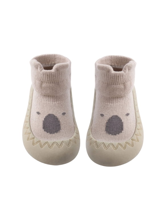 Baby Sock Shoes Soft Rubber Sole Non Slip Knit Upper Indoor Outdoor Learning Walk Socks for Infant Khaki,6-12 Months
