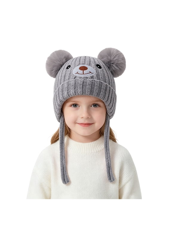 Kids Bear Face Embroidered Knit Earflap Beanie Hat Double Pom Pom Long Tassel Winter Cap Grey,0-5 Years