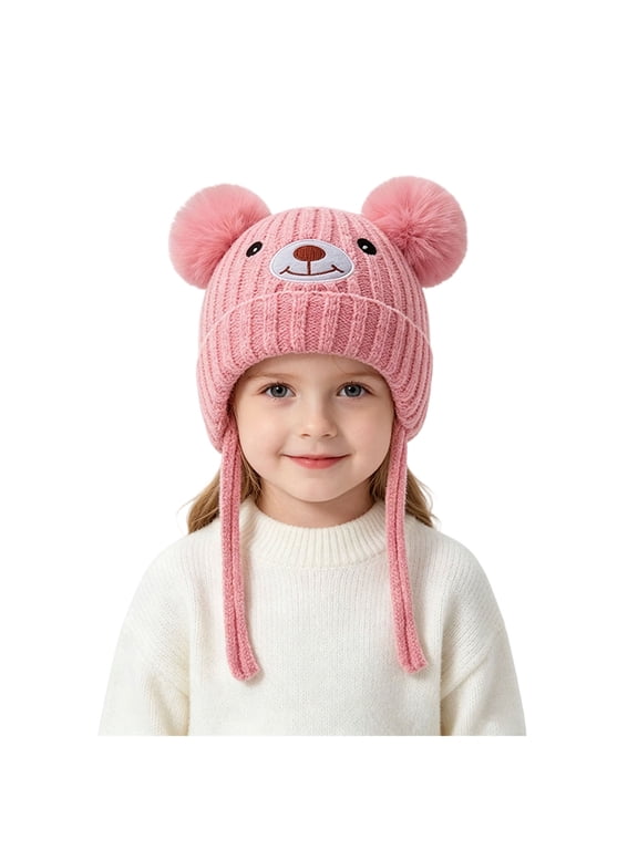 Kids Bear Face Embroidered Knit Earflap Beanie Hat Double Pom Pom Long Tassel Winter Cap Pink,0-5 Years
