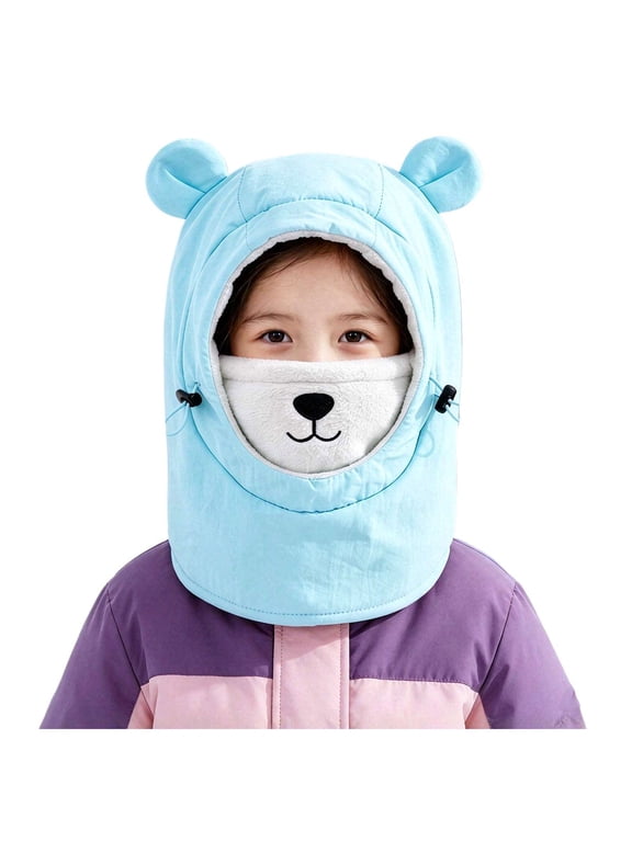 Kids Cute Bear Ear Windproof Shell Balaclava Hat Removable Face Cover Drawstring Winter Ski Hood Light Blue,3-10 Years