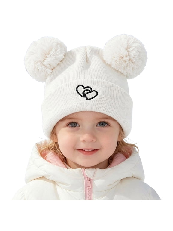 Kids Embroidered Knit Earflap Beanie Hats Double Pom Pom Winter Soft Cap White,3-8 Years