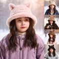 thumbnail image 1 of Ferjadq Kids Fuzzy Fleece Cat Ear Bucket Hat Short Brim Cute Winter Fisherman Cap for Toddler Girls Multi Tone Beige,2-8 Years, 1 of 6