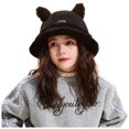 thumbnail image 1 of Ferjadq Kids Fuzzy Fleece Cat Ear Bucket Hat Short Brim Cute Winter Fisherman Cap for Toddler Girls Multi Tone Black,2-8 Years, 1 of 5