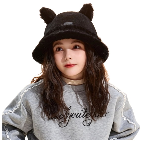 Ferjadq Kids Fuzzy Fleece Cat Ear Bucket Hat Short Brim Cute Winter Fisherman Cap for Toddler Girls Multi Tone Black,2-8 Years