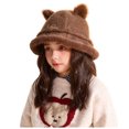 thumbnail image 1 of Ferjadq Kids Fuzzy Fleece Cat Ear Bucket Hat Short Brim Cute Winter Fisherman Cap for Toddler Girls Multi Tone Coffee,2-8 Years, 1 of 5