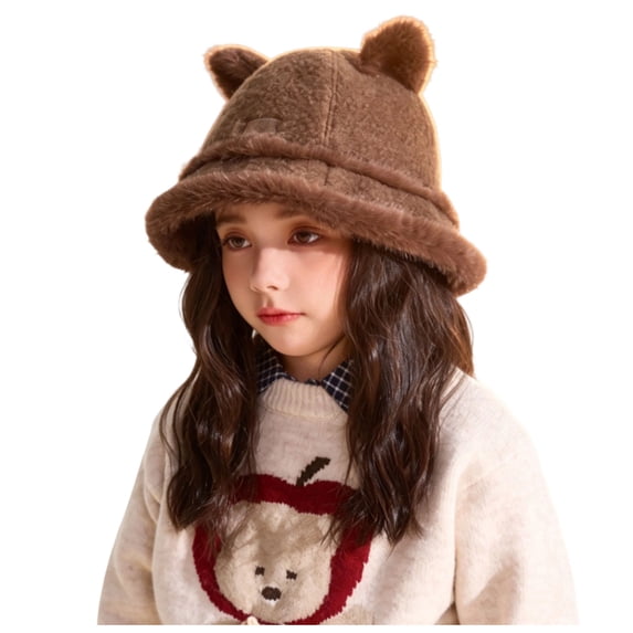 Ferjadq Kids Fuzzy Fleece Cat Ear Bucket Hat Short Brim Cute Winter Fisherman Cap for Toddler Girls Multi Tone Coffee,2-8 Years
