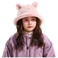 thumbnail image 1 of Ferjadq Kids Fuzzy Fleece Cat Ear Bucket Hat Short Brim Cute Winter Fisherman Cap for Toddler Girls Multi Tone Pink,2-8 Years, 1 of 5