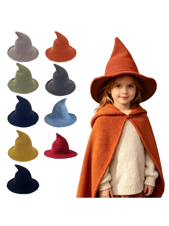 Kids Solid Knit Wizard Pointed Hat Wide Brim Halloween Witch Hats Dress Up Black,One Size