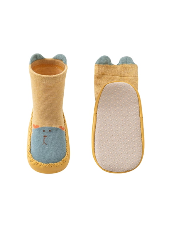 Toddler Infant 3D Animal Ear Non Skid Crew Sock Shoes Baby Cartoon Soft Floor Slipper Yellow,0-6 Months