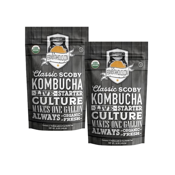 Fermentaholics 2 Pack Kombucha SCOBY & Starter Tea Live, Fresh, Organic Starter Culture DIY Kombucha 12oz Fresh Starter Tea