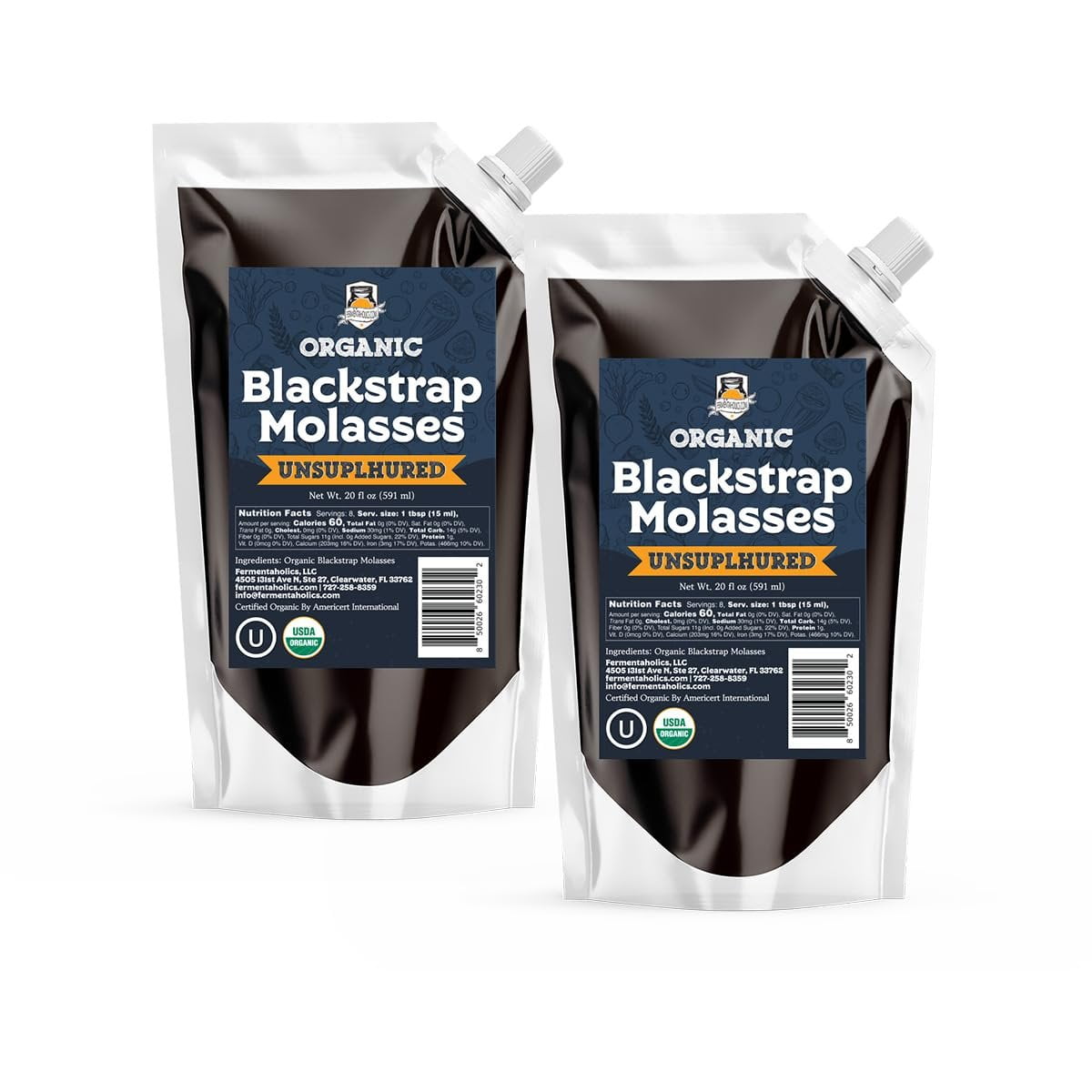 Fermentaholics Organic Unsulphured Blackstrap Molasses  20 Oz Pouch  OU Kosher & Unsulfured  Spouted Pouch for Easy Measuring and Pouring 2-Pack, 20, Fl Oz