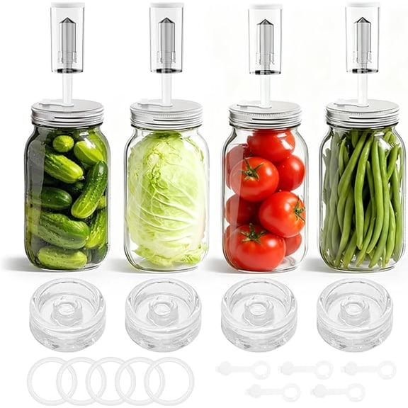 Fermentation Kit for Wide Mouth Mason Jars 4- Complete Pickling & Sauerkraut Set with Glass Weight, Stainless Steel Lid, Air Lock Valve, Silicone Seals
