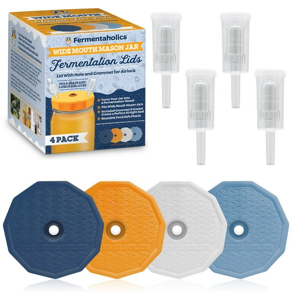 Fermentation Lids with 3 Piece Airlocks for Wide Mouth Mason Jars - 4 Pack