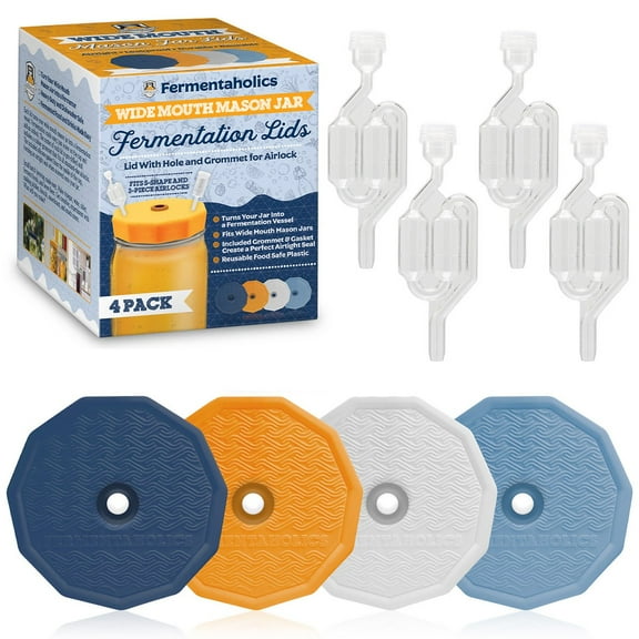 Fermentation Lids with S Airlocks for Wide Mouth Mason Jars - 4 Pack