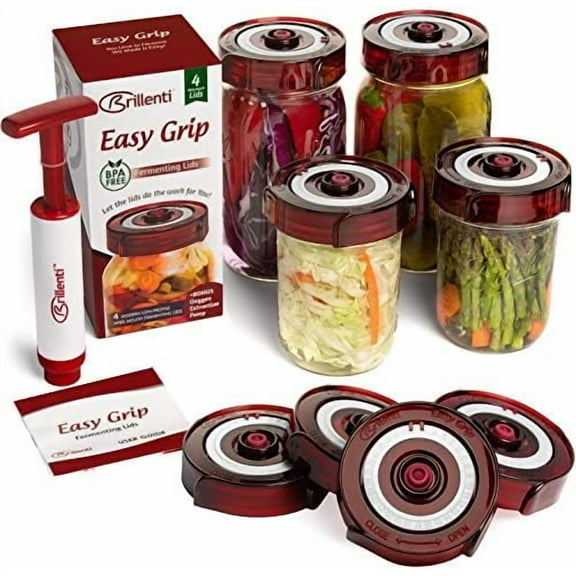 Fermenting Lids for wide mouth mason jars. 4 waterless airlock fermentation lids kit. Easy Grip fermenter lid with Oxygen Pump automatically Vents air. Tracks ferment date. (4 Lids + Pump)