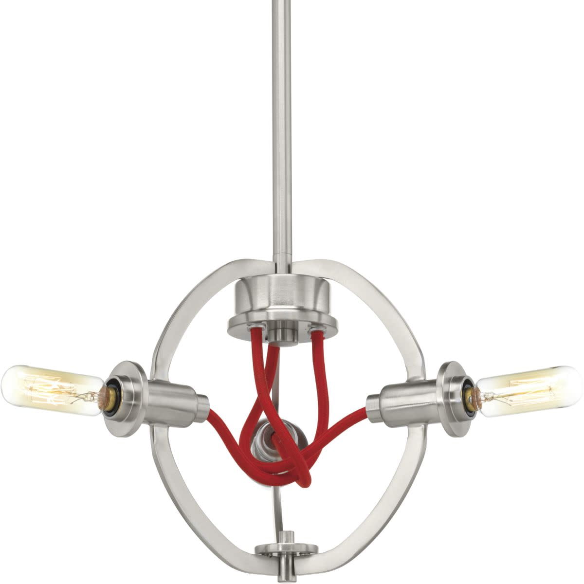 Brushed Nickel Three-Light Pendant with Red Cloth Cords