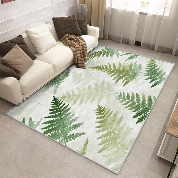 Fern Botanical Area Rug, Watercolor Green Leaves Indoor Carpet, Washable Non Slip Low Pile Soft Thin Rug for Living Room Bedroom Home Decor Mat 2x3ft