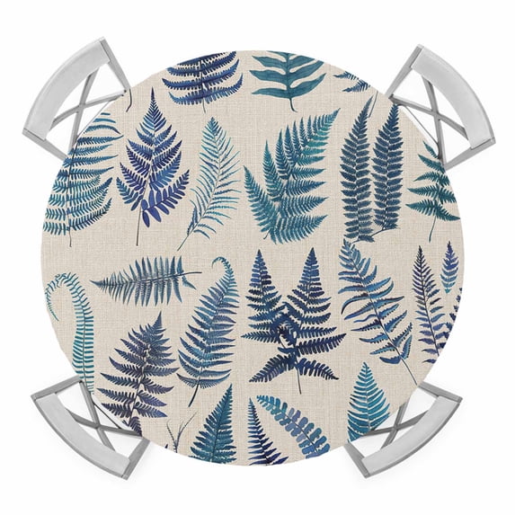 Fern Leaf Elastic Fitted Round Table Cover Plant Botanical Art Printed Blue Waterproof Outdoor Tablecloth for Holiday Party, Picnic, Patio & Dining Fits Tables Up to 45"-54"