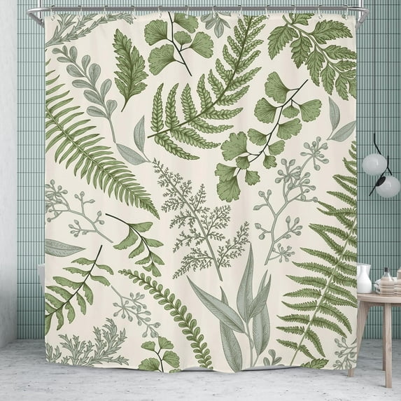 Fern Leaf Leaves Sage Green Shower Curtain for Bathroom Decor 72Wx72H Rural Eucalyptus Plant Natural Farmhouse Floral Botanical Art Printed Fabric Polyester Waterproof 12 Pack Plastic Hooks