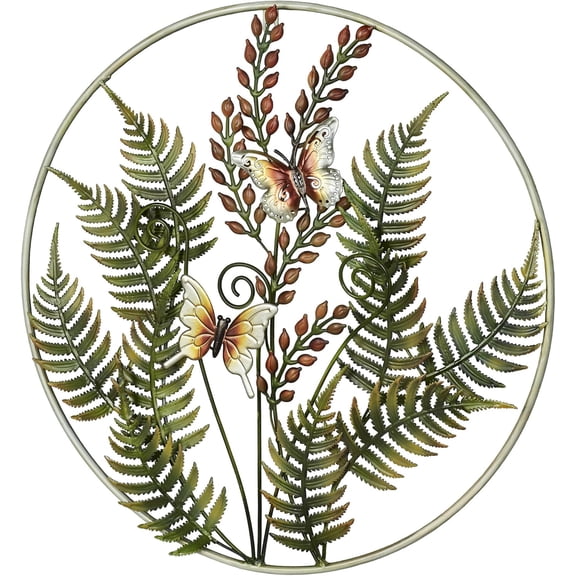 Fern Leaf Nature Wall Sculpture | Handpainted Green, Brown, Ivory, and Gold Earth Tones | Dimensional Textured Botanical Fern Frond Round Wall Art | Textured Metallic Butterfly Circle Wall Decor