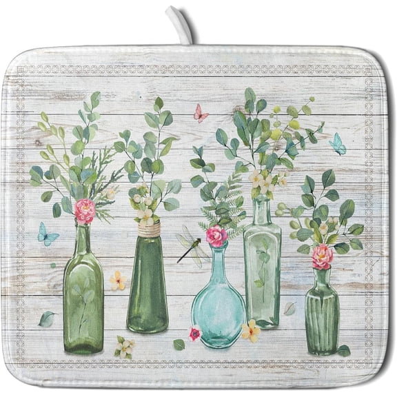 Fern Leaf Vase Dish Drying Mat 16x18 Inch Eucalyptus Leaves Microfiber Absorbent Dish Drainer Mat Reversible Drying Pad for Kitchen Counter Sink