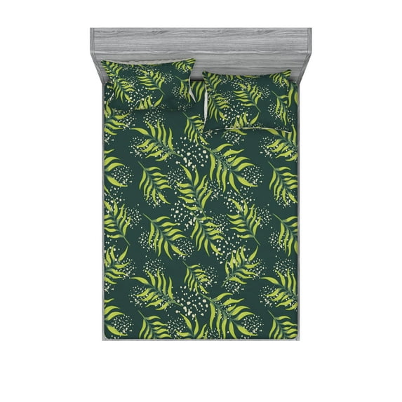 Fern Leaves Fitted Sheet & Pillow Sham Set, Modern Jungle Feelings Leafy Pattern with Spotted Backdrop Print, Decorative Printed 3 Piece Bedding Decor, King, Lime Green Forest Green, by Ambesonne