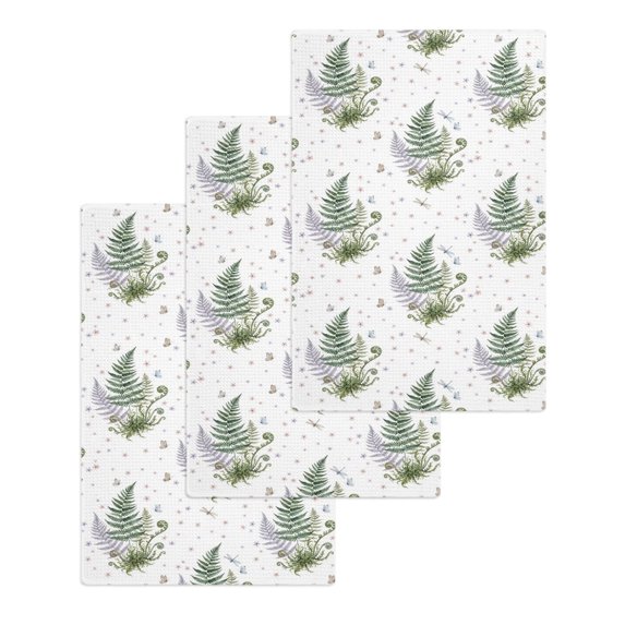 Fern Leaves Rustic Kitchen Dish Towels for Drying Dishes Set of 3, Farmhouse Pastoral Botanical Grass Waffle Weave Microfiber Hand Tea Bathroom Towels Quick Dry & Absorbent Towel 15.7x23.6