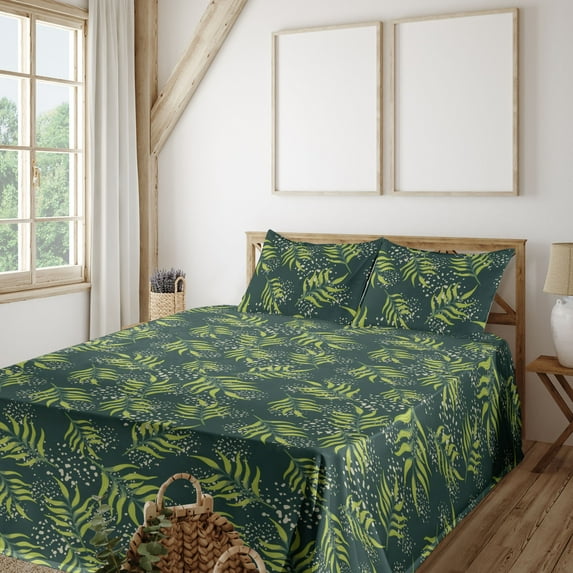 Fern Leaves Sheet Set, Modern Jungle Feelings Leafy Pattern with Spotted Backdrop Print, Fitted & Flat Sheet with Pillowcase Bedding Accent 3 Pcs Set, Twin, Lime Green Forest Green, by Ambesonne