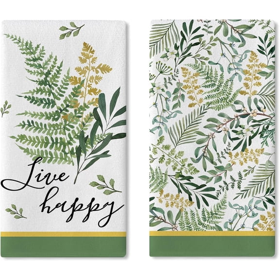 Fern Print Live Happy Kitchen Dish Towels Set of 2, Green Leaves Botanical Plant Drying Hand Towel Baking Cooking Cloth, Spring Summer Bathroom Home Decoration 18'' x 26''