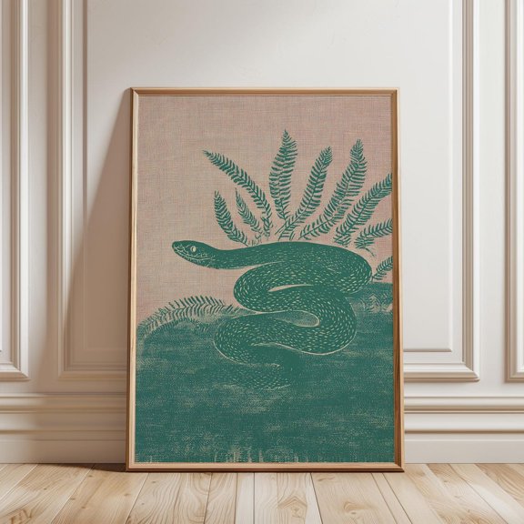 Fern Snake Woodblock Poster, Unframed Paper Poster 8x10in