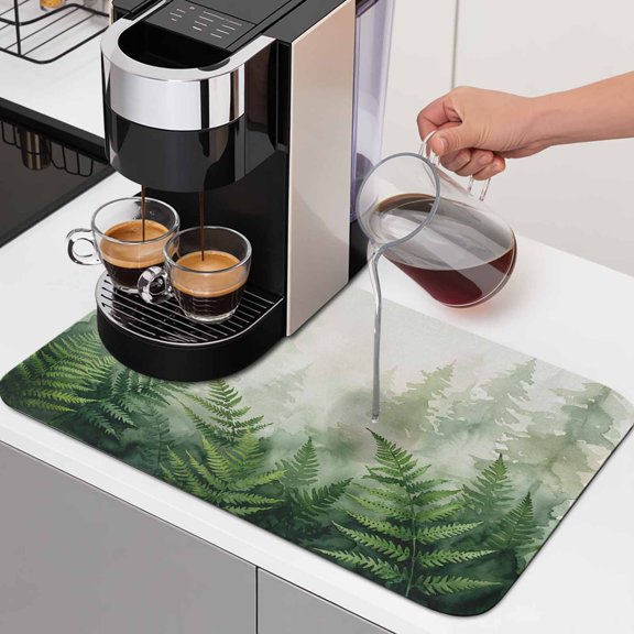 Fern Thicket Dish Drying Mats for Kitchen Counter, Misty Forest Greenery Botanical Sage Green Layered Ferns Absorbent Coffee Bar Mat with Non-slip Rubber Backed Quick Drying Dish Rack Pad 12"x16"