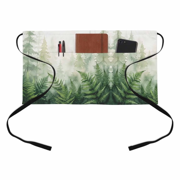Fern Thicket Kitchen Restaurant Half Waist Apron, Misty Forest Greenery Botanical Sage Green Layered Ferns Server Short Apron with 3 Pockets Waterproof Oil Waist Aprons for Women Waitress Waiter