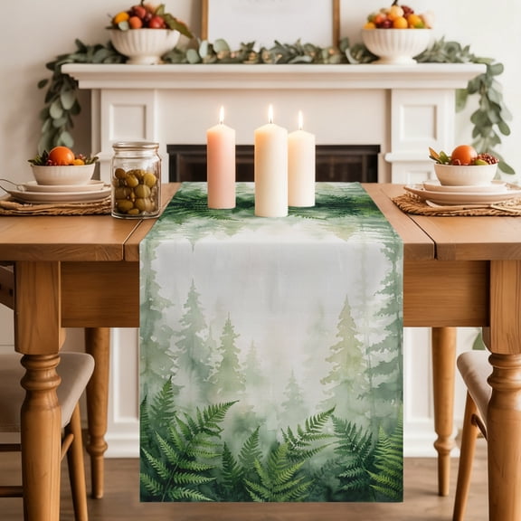 Fern Thicket Table Runner 13x48 Inch Misty Forest Greenery Botanical Sage Green Layered Ferns Cotton Linen Dining Table Runner Ideal for Dresser Kitchen Coffee Tables - Machine Washable