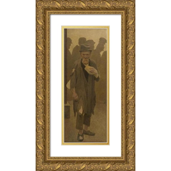 Fernand Pelez 9x18 Gold Ornate Wood Frame and Double Matted Museum Art Print Titled - Bite of Bread; Old Man in Rags, from the Front, Holding a Piece of Bread (1904)