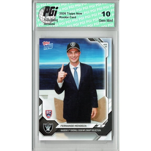 Fernando Mendoza Rookie Card Las Vegas Raiders Football Trading Card PGI 10 Gem Mint Topps Now #FMEN 2026 #1 Draft Pick