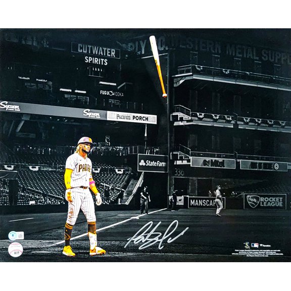 Fernando Tatis Jr. Autographed 16x20 Photo San Diego Padres Bat Flip Spotlight In Silver Beckett BAS QR 202102