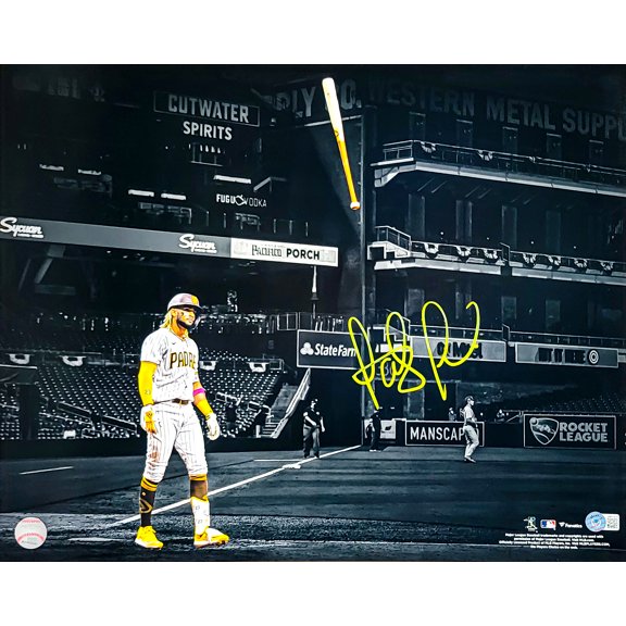 Fernando Tatis Jr. Autographed 16x20 Photo San Diego Padres Bat Flip Spotlight In Yellow Beckett BAS QR 202103