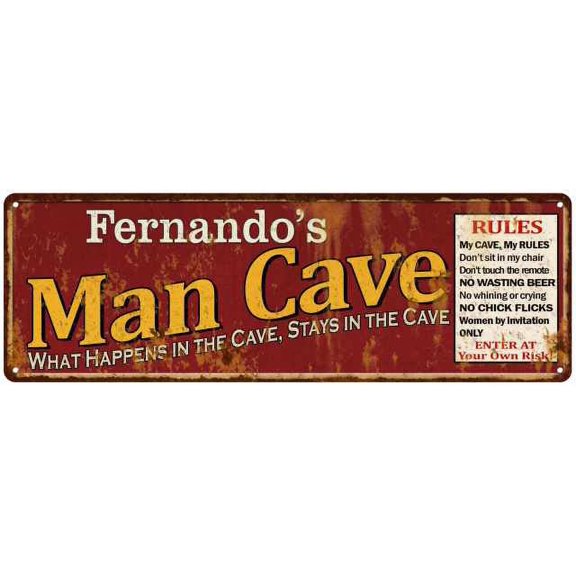Fernando's Man Cave Rules Red Metal Sign Gift 8x24 108240004466