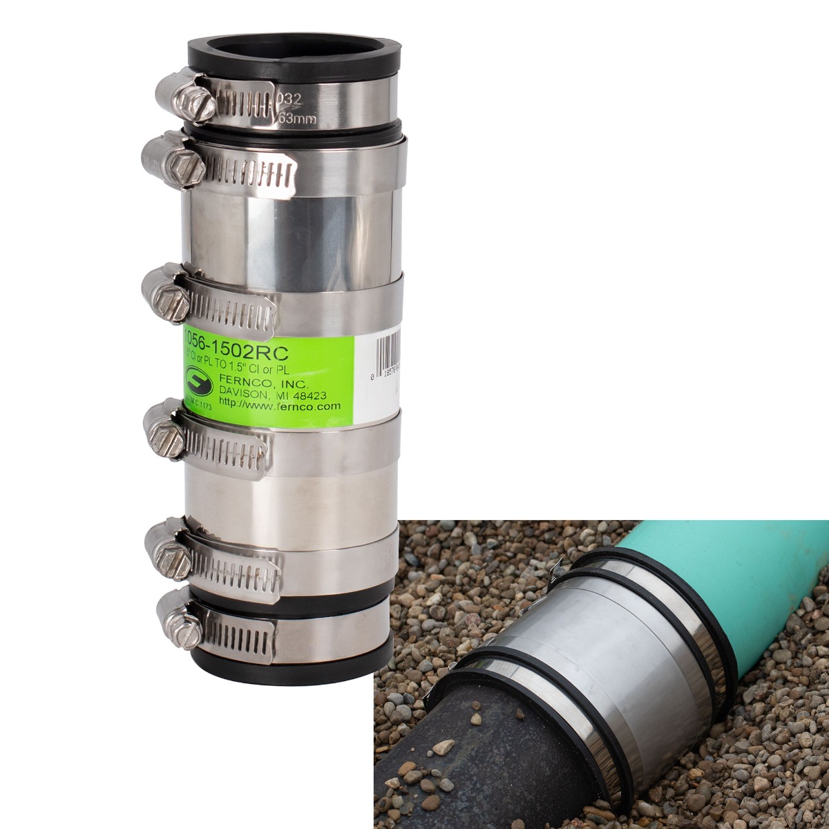 Fernco 1.5" XL Flexible Pipe Coupling Connector Fitting with Stainless