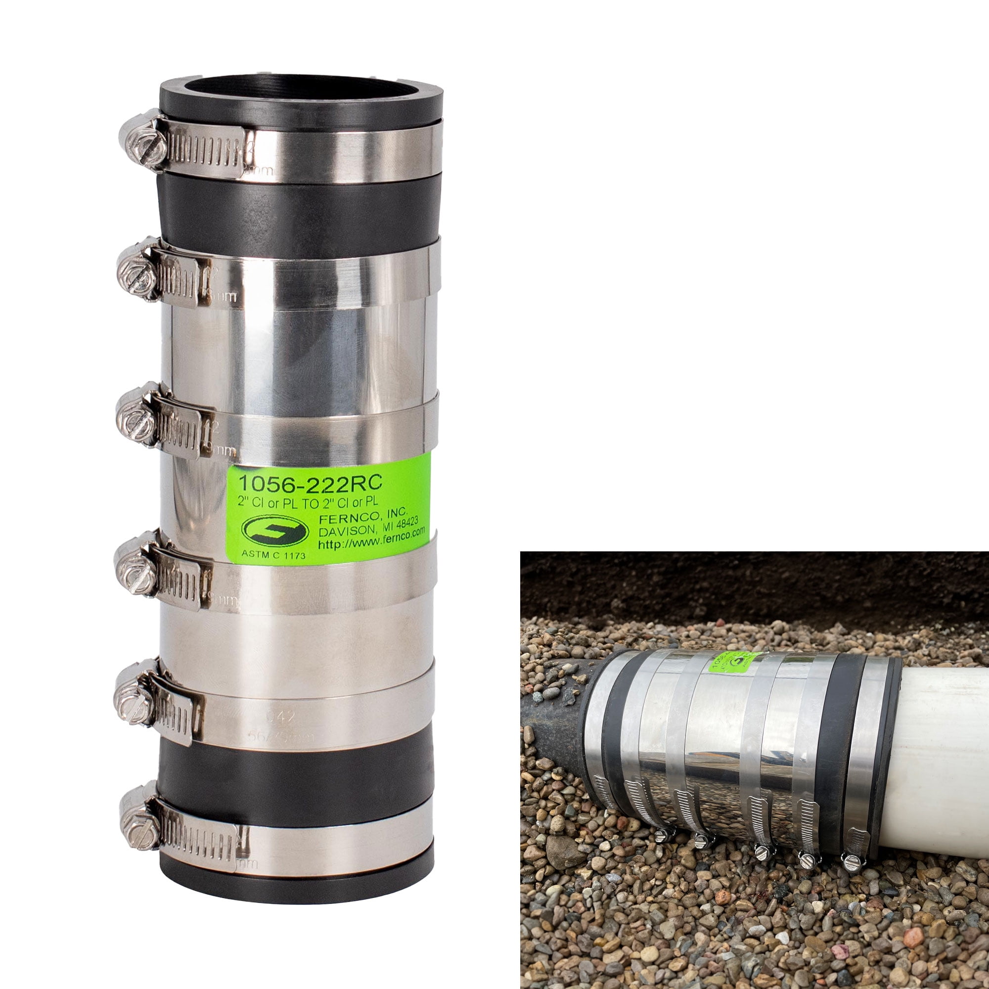 Fernco 2" XL Flexible Pipe Coupling Connector Fitting with Stainless