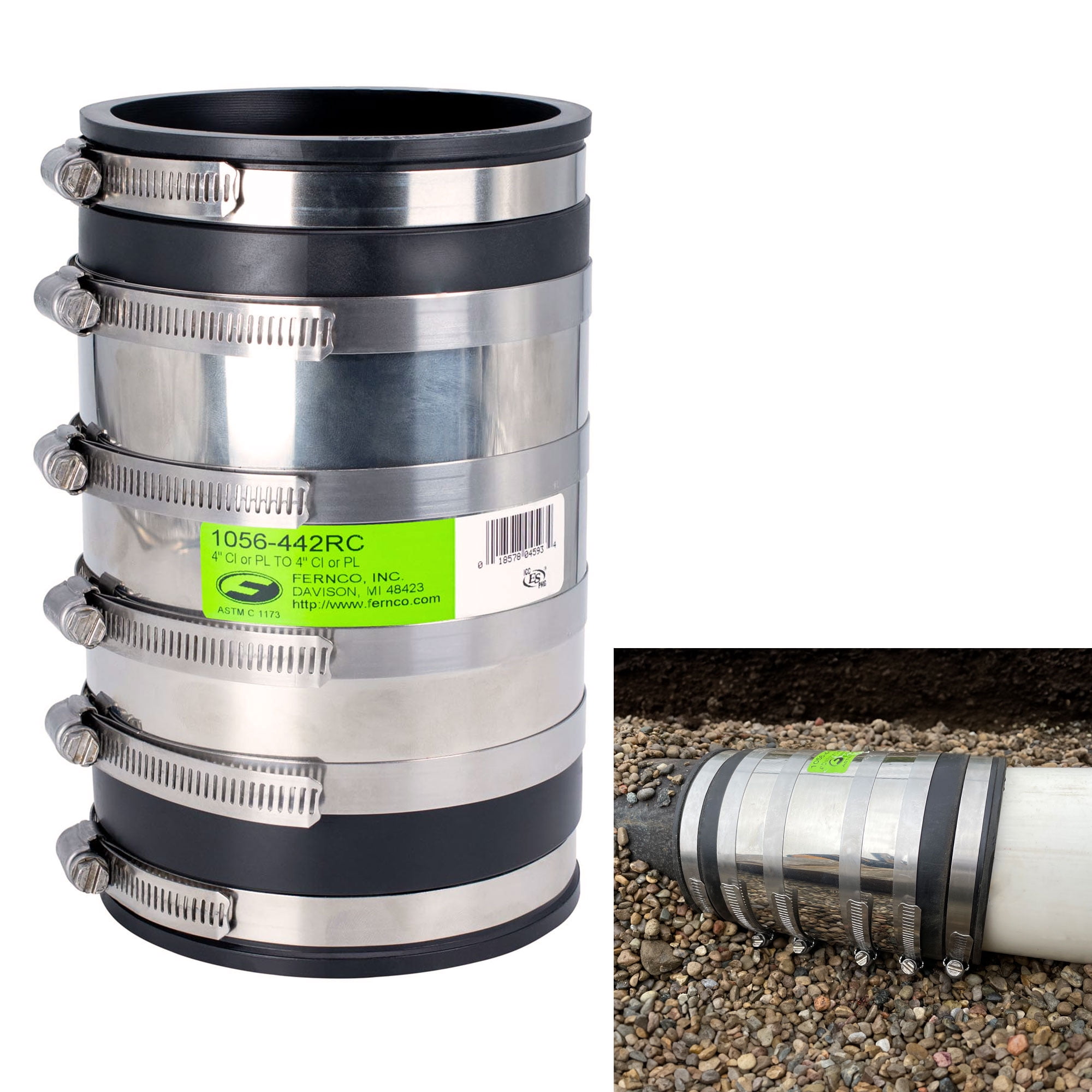 Fernco 4" XL Flexible Pipe Coupling Connector Fitting with Stainless