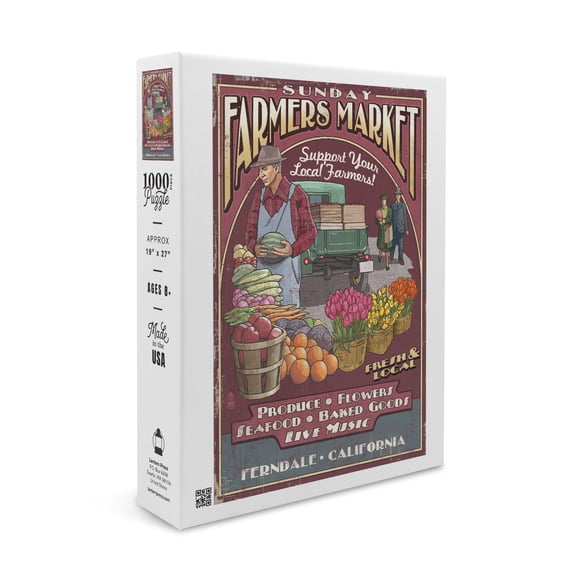Ferndale, California, Farmers Market Vintage Sign (1000 Piece Puzzle, Size 19x27, Challenging Jigsaw Puzzle for Adults and Family, Made in USA)