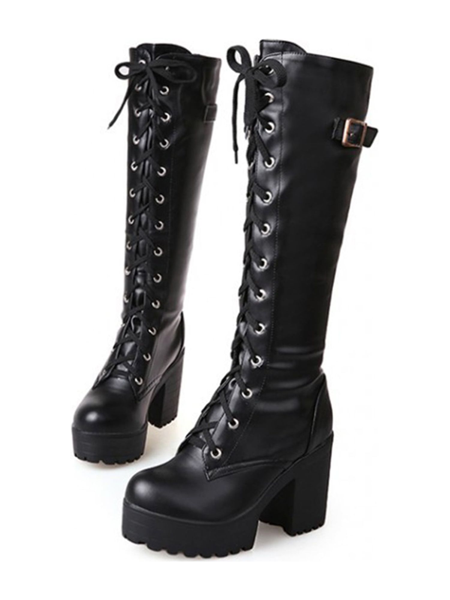 Ferndule Ladies Chunky High Heels Work Casual Knee Boot Comfort Round